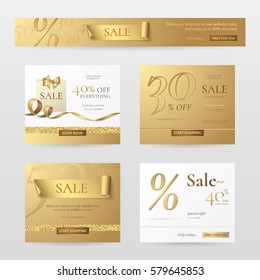 Set of elegant sale banners with golden bow, ribbon and paper shopping bag. Vector template for website with gold and white background. Isolated from the background.