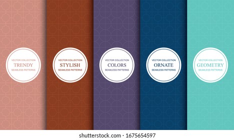 Set of elegant seamless colorful geometric patterns. Repeating ornamental backgrounds - oriental grid textures. Vintage linear prints.