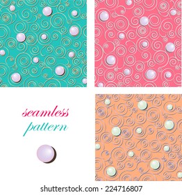 Set of elegant seamless paper convex patterns of shining pearls and spirals 