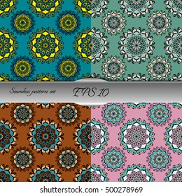 Set of elegant seamless patterns with floral and Mandala elements. Nice hand-drawn illustration