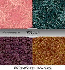 Set of elegant seamless patterns with floral and Mandala elements. Nice hand-drawn illustration