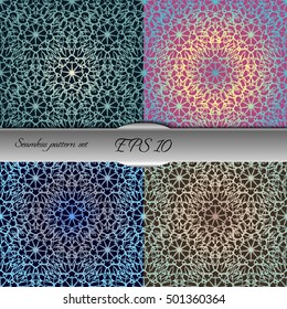 Set of elegant seamless patterns with floral and Mandala elements. Nice hand-drawn illustration