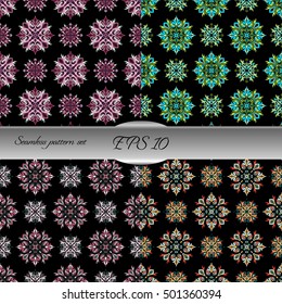 Set of elegant seamless patterns with floral and Mandala elements. Nice hand-drawn illustration