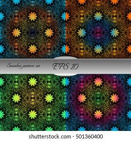 Set of elegant seamless patterns with floral and Mandala elements. Nice hand-drawn illustration