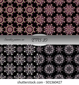 Set of elegant seamless patterns with floral and Mandala elements. Nice hand-drawn illustration