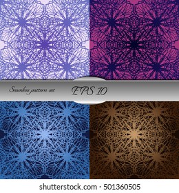 Set of elegant seamless patterns with floral and Mandala elements. Nice hand-drawn illustration