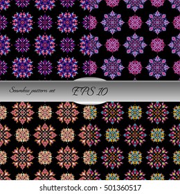 Set of elegant seamless patterns with floral and Mandala elements. Nice hand-drawn illustration