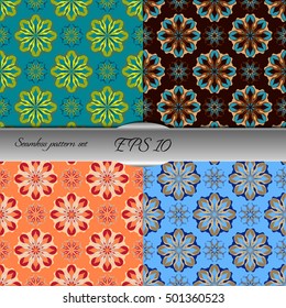 Set of elegant seamless patterns with floral and Mandala elements. Nice hand-drawn illustration