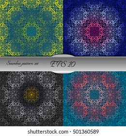 Set of elegant seamless patterns with floral and Mandala elements. Nice hand-drawn illustration