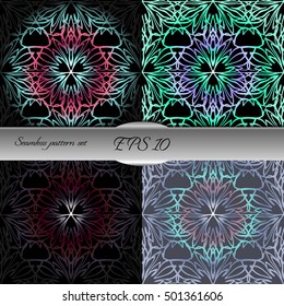 Set of elegant seamless patterns with floral and Mandala elements. Nice hand-drawn illustration