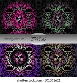 Set of elegant seamless patterns with floral and Mandala elements. Nice hand-drawn illustration