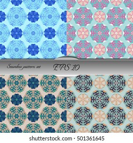 Set of elegant seamless patterns with floral and Mandala elements. Nice hand-drawn illustration