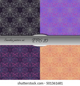 Set of elegant seamless patterns with floral and Mandala elements. Nice hand-drawn illustration
