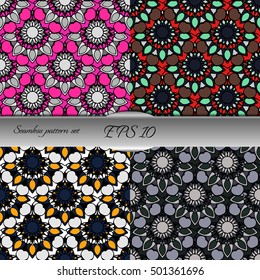 Set of elegant seamless patterns with floral and Mandala elements. Nice hand-drawn illustration