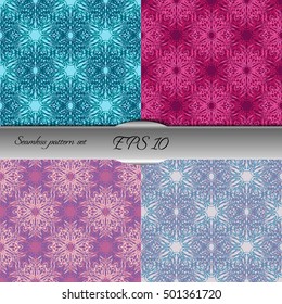 Set of elegant seamless patterns with floral and Mandala elements. Nice hand-drawn illustration