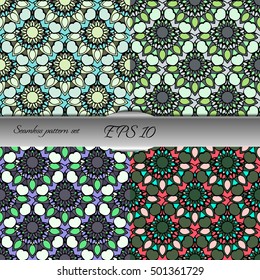 Set of elegant seamless patterns with floral and Mandala elements. Nice hand-drawn illustration