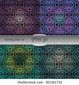 Set of elegant seamless patterns with floral and Mandala elements. Nice hand-drawn illustration