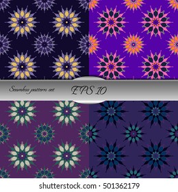 Set of elegant seamless patterns with floral and Mandala elements. Nice hand-drawn illustration