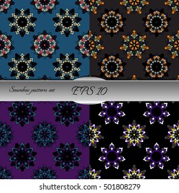 Set of elegant seamless patterns with floral and Mandala elements. Nice hand-drawn illustration