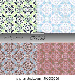 Set of elegant seamless patterns with floral and Mandala elements. Nice hand-drawn illustration