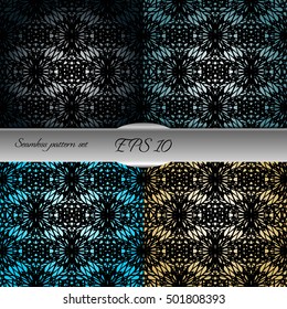Set of elegant seamless patterns with floral and Mandala elements. Nice hand-drawn illustration