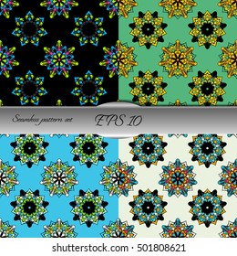 Set of elegant seamless patterns with floral and Mandala elements. Nice hand-drawn illustration