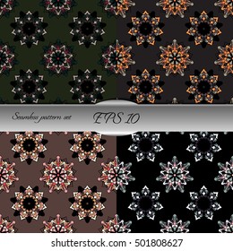 Set of elegant seamless patterns with floral and Mandala elements. Nice hand-drawn illustration