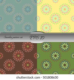 Set of elegant seamless patterns with floral and Mandala elements. Nice hand-drawn illustration
