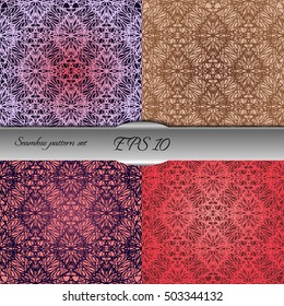 Set of elegant seamless patterns with floral and Mandala elements. Nice hand-drawn illustration
