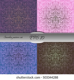 Set of elegant seamless patterns with floral and Mandala elements. Nice hand-drawn illustration