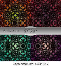 Set of elegant seamless patterns with floral and Mandala elements. Nice hand-drawn illustration