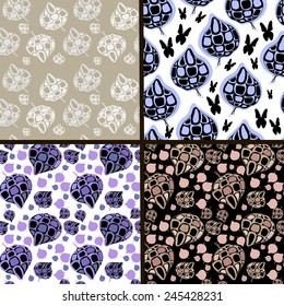 Set of elegant seamless patterns with leaves.Template for design fabric, backgrounds, wrapping paper, package, covers. 