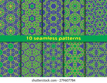 Set of elegant seamless patterns. Ten sophisticated ornaments with Swatch for filling.
