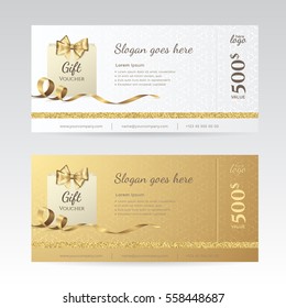 Set Of Elegant Shiny Gift Voucher With Golden Bow, Ribbon And Paper Shopping Bag. Vector Template For Gift Card, Coupon And Certificate With Ornate Background. Isolated From The Background