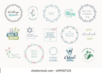 Set of elegant signs and badges for beauty, natural and organic products, cosmetics, spa and wellness, fashion, jewelry, wedding. Vector illustrations for graphic and web design, marketing material.