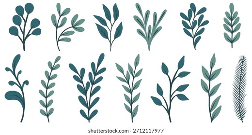 Set of elegant silhouettes of branches and leaves. Thin hand drawn vector botanical elements.