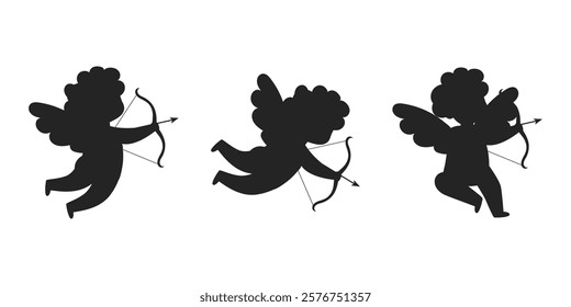Set of elegant silhouettes of Cupid shooting a bow, symbolizing love and Valentine’s Day.