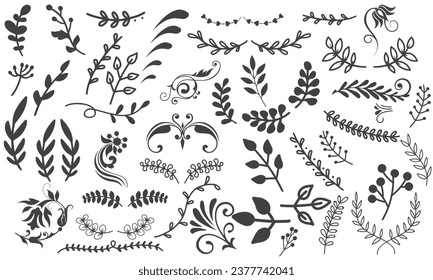 Set of elegant silhouettes of flowers, branches and leaves. Thin hand drawn vector botanical elements