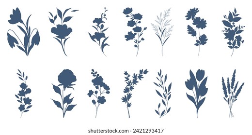 Set of elegant silhouettes of flowers, branches and leaves. Thin hand drawn vector botanical elements