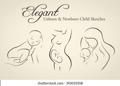 Set of elegant silhouettes in a linear sketch style (expectant mother, newborn child, mother and child)