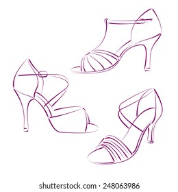 Set of elegant sketched woman's shoes for salsa dancing. Design template for label, banner, postcard, logo. Vector.