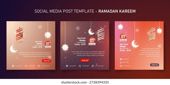 Conjunto de elegante modelo de postagem de mídia social para ramadan kareem com lua crescente e estrela em design de fundo gradiente.