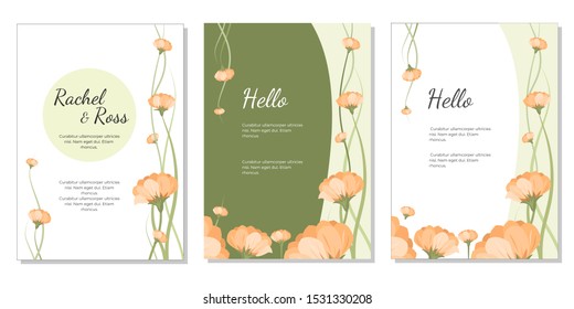 A set of elegant and sophisticated wedding invitations. Fine card in pastel colors, peach, pale green, orange. Vignette and ornate wavy border of marigold and calendula flowers.