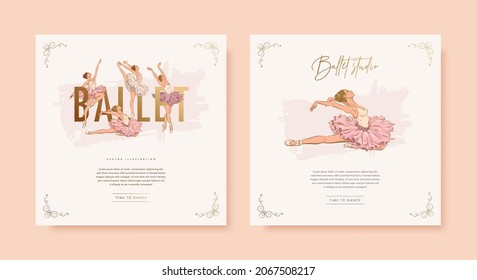 Set of elegant square background with hand drawn ballerinas and golden frame. Greeting card or web banner design template. Vector illustration