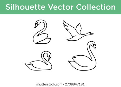 Set of elegant swan silhouettes in various poses, including flying and swimming. Perfect vector collection for logos, icons, and graphic design projects.
