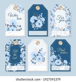 Set of elegant tags with blue flowers and eucalyptus leaves on gold frame. Tags for gift boxes. Party, celebrate, wedding, birthday gifts, labels.