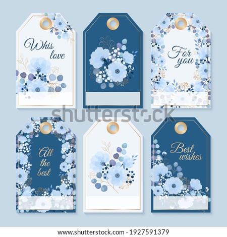 Set of elegant tags with blue flowers and eucalyptus leaves on gold frame. Tags for gift boxes. Party, celebrate, wedding, birthday gifts, labels.