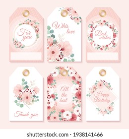 Set of elegant tags with peach flowers and eucalyptus leaves on gold frame. Tags for gift boxes. Party, celebrate, wedding, birthday gifts, labels.