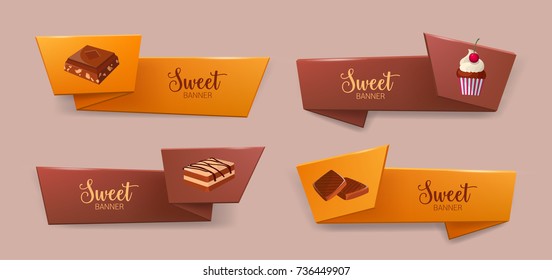 Set of elegant tape or ribbon banners with delicious desserts or tasty sweet courses - cookie, chocolate, cupcake. Colorful decorative elements. Vector illustration for bakery or confectionery ad.