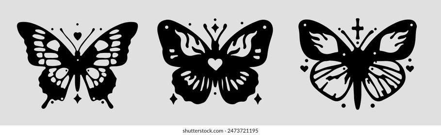 Set of elegant tattoos in the neo-tribal Y2K aesthetic with butterflies.